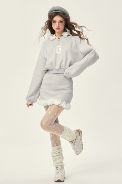 Gray Hooded Top + Ruffle Tight Skirt