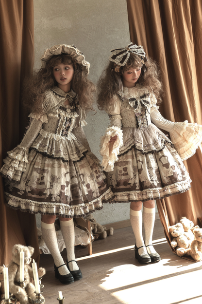 Briana Bear Print Dream Doll Lolita Dress + Jsk + Skirt + Shirt + Petticoat