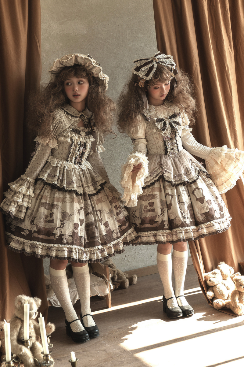 Briana Bear Print Dream Doll Lolita Dress + Jsk + Skirt + Shirt + Petticoat