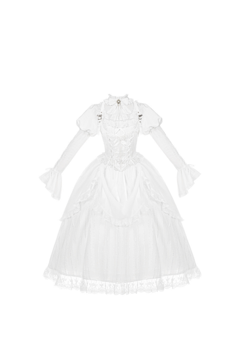White Gothic Gemini Lolita Dress + Corset + Ribbon + Headband + Veil