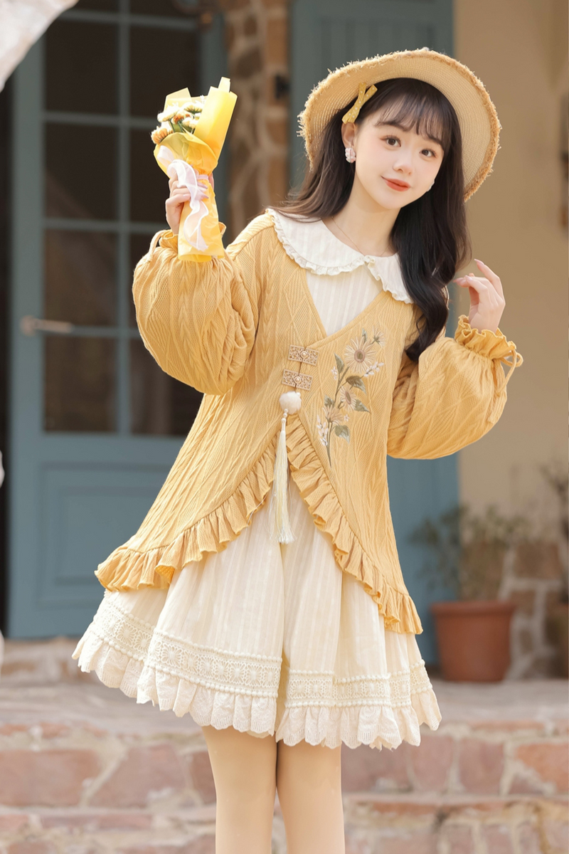 Retro Flower Chinese-style Cardigan + Flared Doll Collar Dress