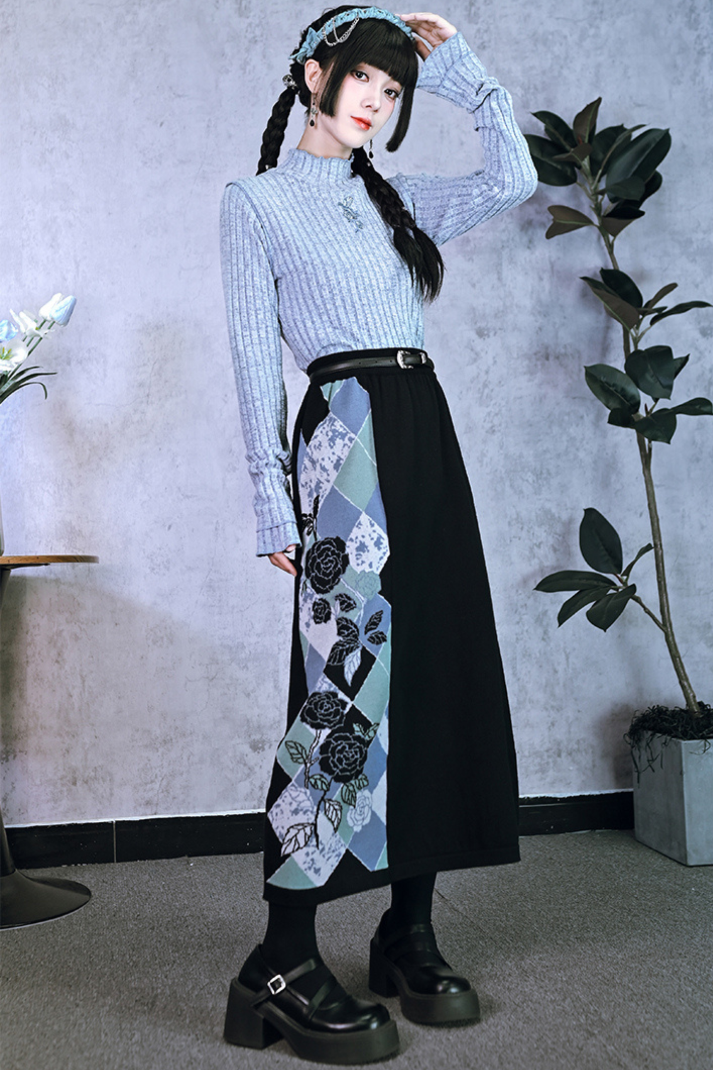 Argyle Cardigan + Asymmetric Skirt