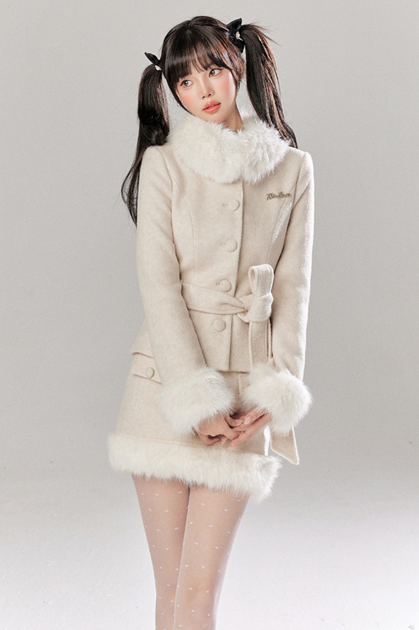 Sweet Girly Fur Waist Ribbon Coat + Fur Tight Skirt