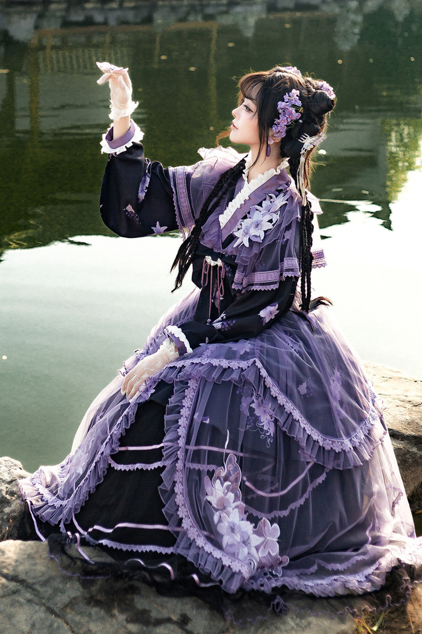 Chinese-style Purple Dress + Outer Dress + Long Skirt