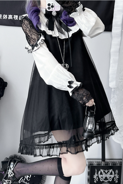 Lace Edge Mesh Paneled Little Black Dress