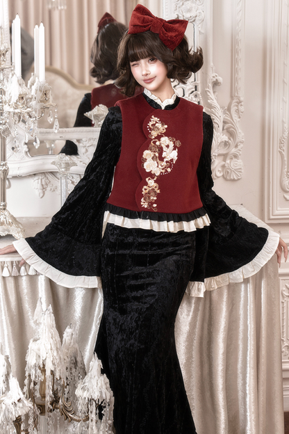Retro Fish Tail Chinese-style Dress + Vest + Fur Scarf