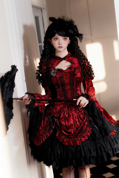 Gothic Velvet Sleeve Lolita Top + Vest + Skirt