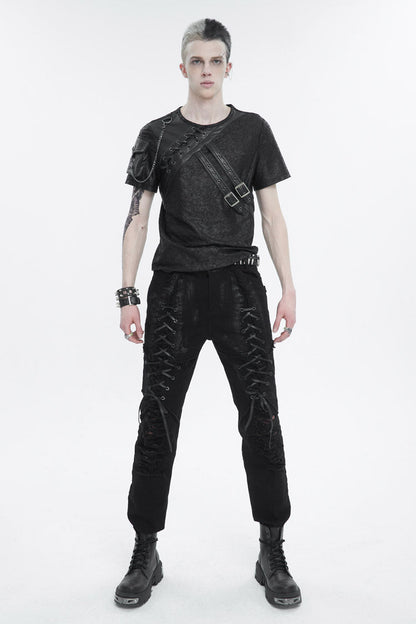 Black Print Buckle Splice Faux Leather Punk T-shirt
