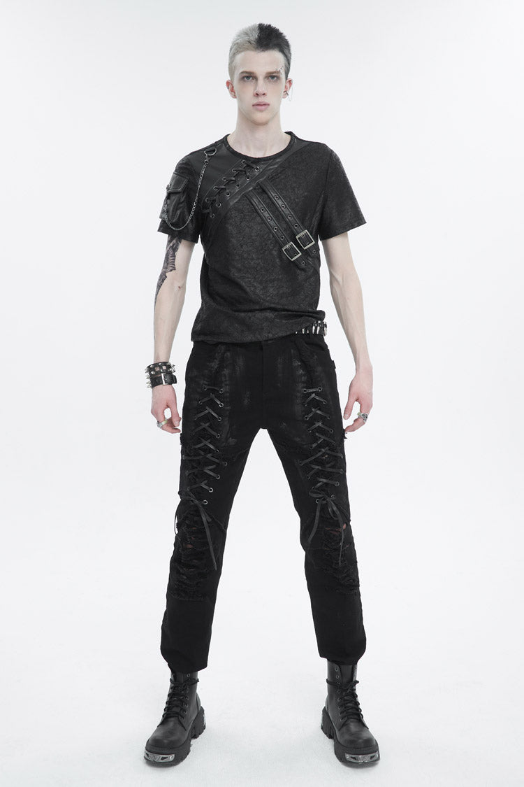 Black Print Buckle Splice Faux Leather Punk T-shirt
