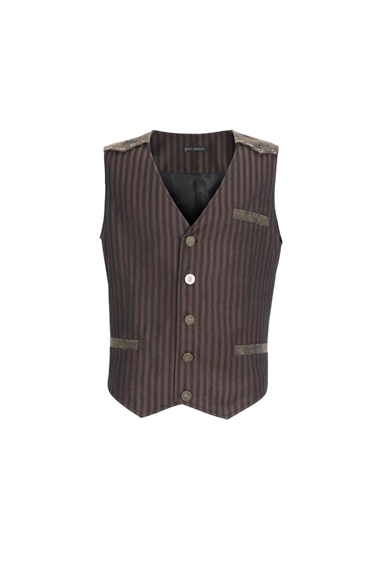 Brown Striped V Collar Stitching Slim Gothic Vest