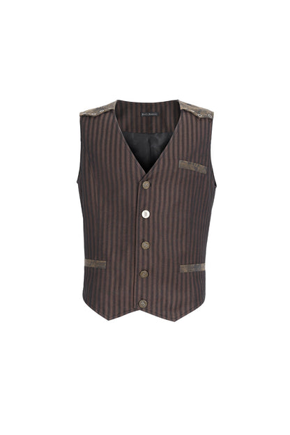 Brown Striped V Collar Stitching Slim Gothic Vest