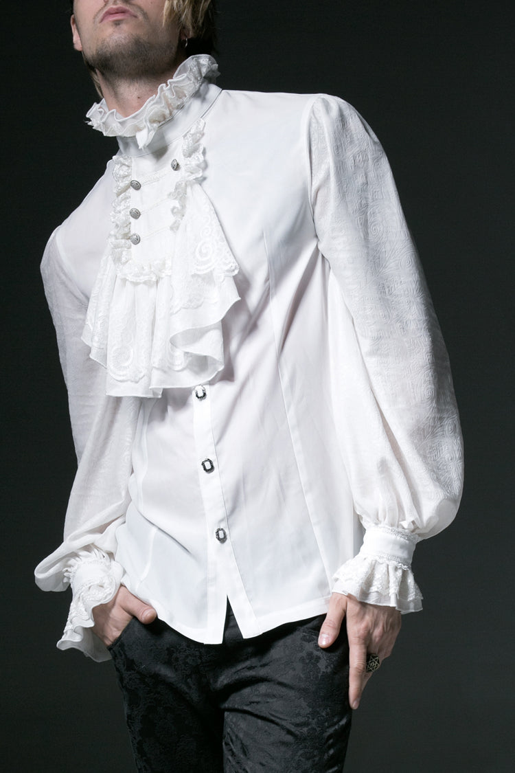 White Stand Collar Retro Button Long Lantern Sleeves Gothic Blouse