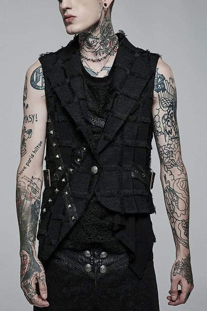 Black Gothic Asymmetrical Decadence Hairy Flu Back Cutout Design Leather Strip Metal Rivets Vest