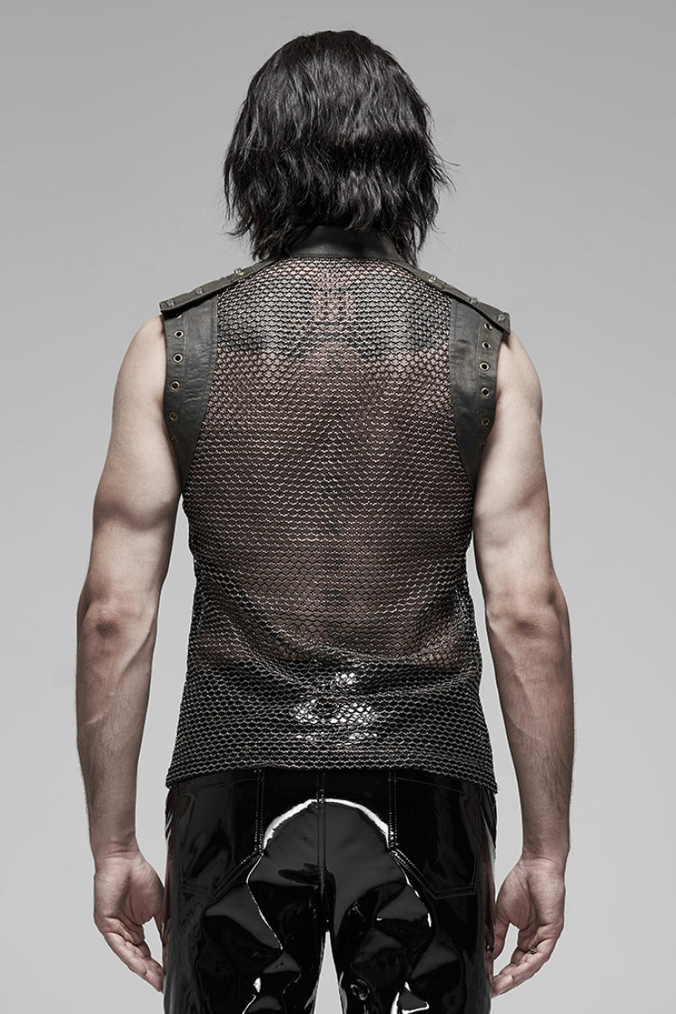 High Collar Sleeveless Rivet Decoration Sheer Mesh Steampunk Vest 2 Colors