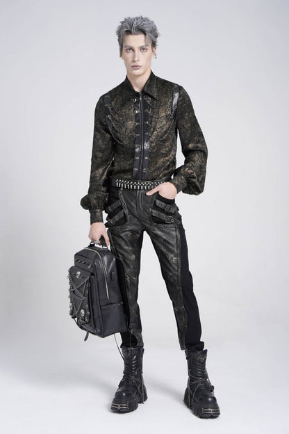 Black Lapel Collar Long Puff Sleeves Faux Leather Stitching Gothic Blouse With Chain