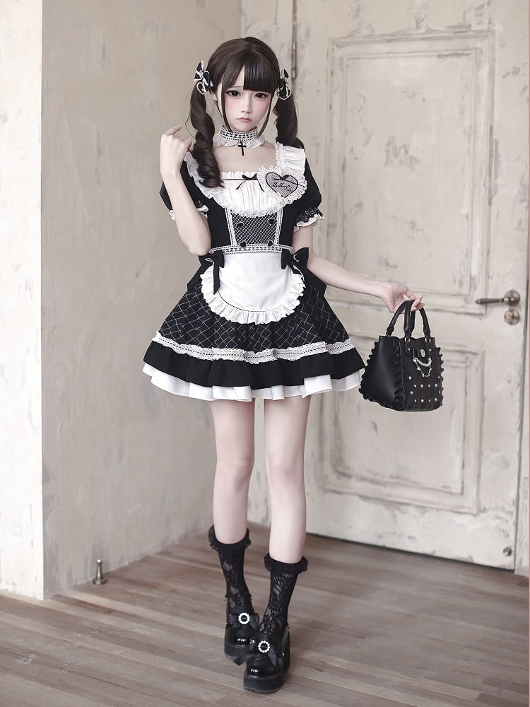 [order Deadline: May 15] Black X White Lace Ruffle Maid Dress Full Set + Cross Choker