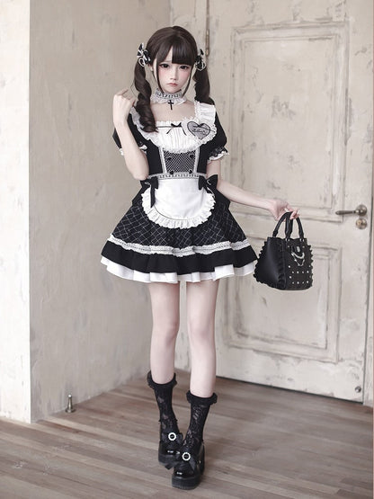 [order Deadline: May 15] Black X White Lace Ruffle Maid Dress Full Set + Cross Choker