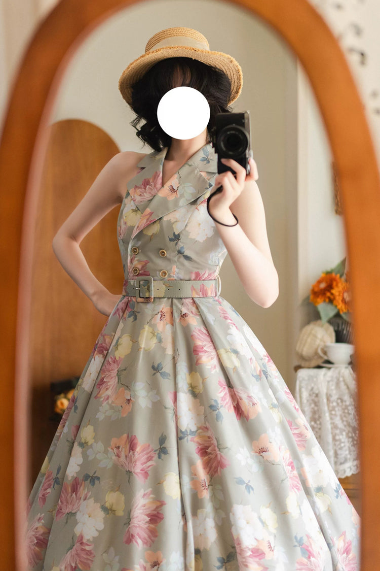 [afternoon Forest] French Audrey Hepburn Style V Collar Sleeveless Printed Classic Lolita Dress 3 Colors