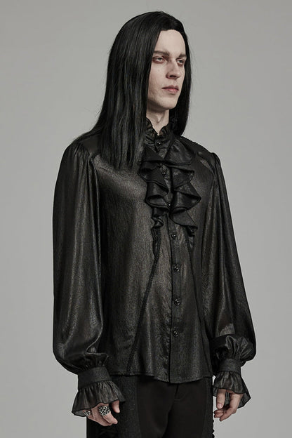 Black Stand Collar Jacquard Ruffle Gothic Blouse