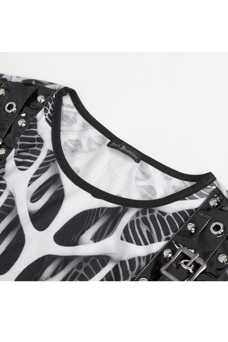 Black/white Round Collar Print Hollow Punk Vest