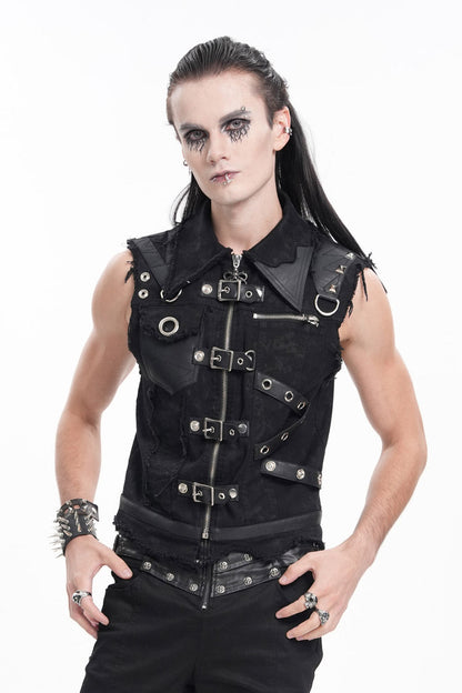 Black Lapel Collar Sleeveless Ripped Buckle Eyelets Gothic Vest