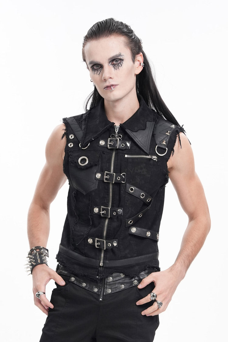 Black Lapel Collar Sleeveless Ripped Buckle Eyelets Gothic Vest