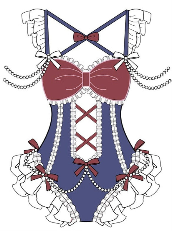 Ruffle Shoulder Pearl Ribbon Decoration Idol Style Swimsuit Dress