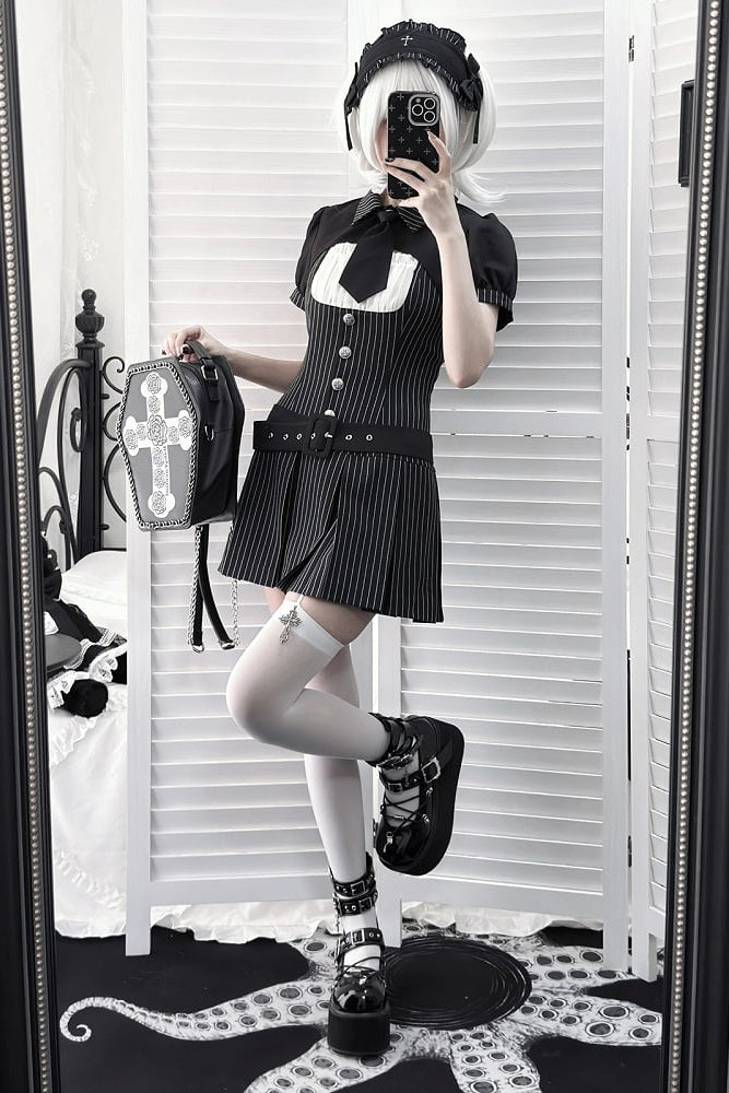 [pre-order Deadline: April 28] Black Pinstripe Tie Collar Short Jacket Dress Full Set + Jewel Casquette