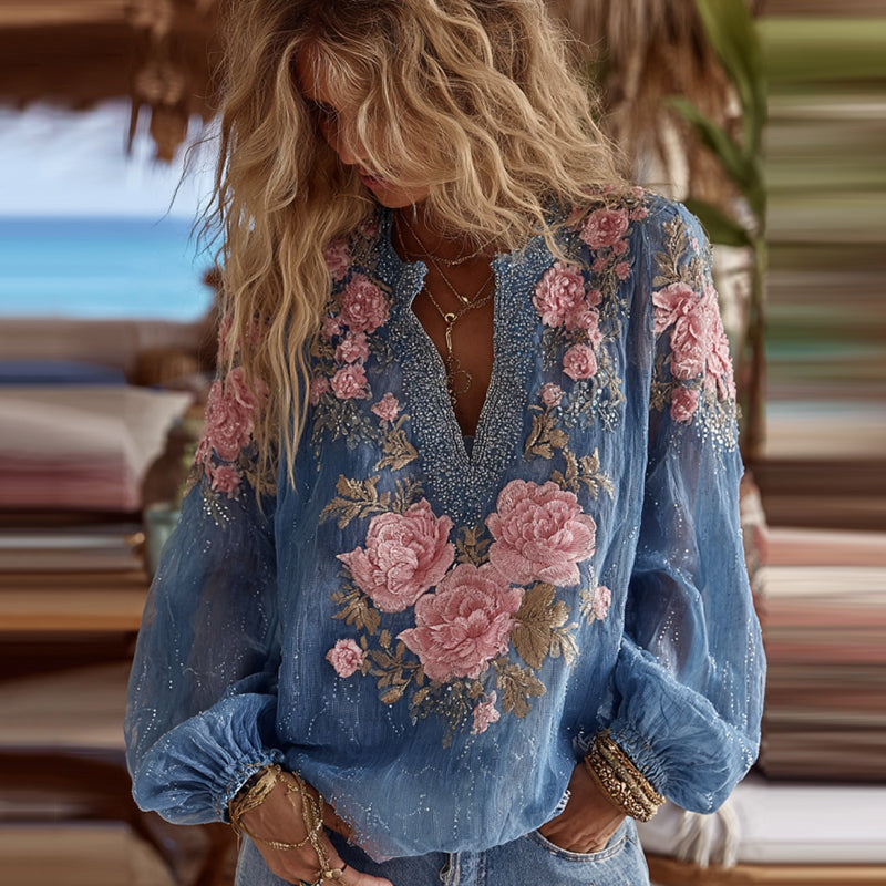 Women's Vintage Pink Floral Art Comfy Linen Blend Shirt elevenforest