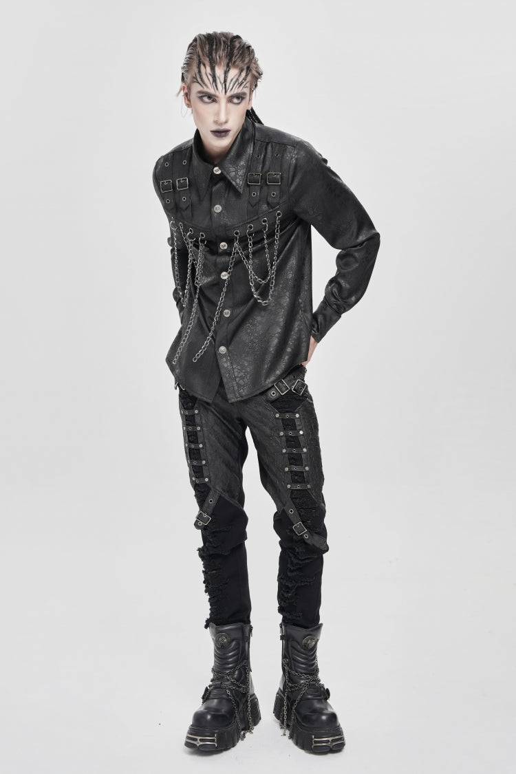 Black Lapel Collar Long Sleeves Buckled Strappy Chain-decorated Punk Shirt