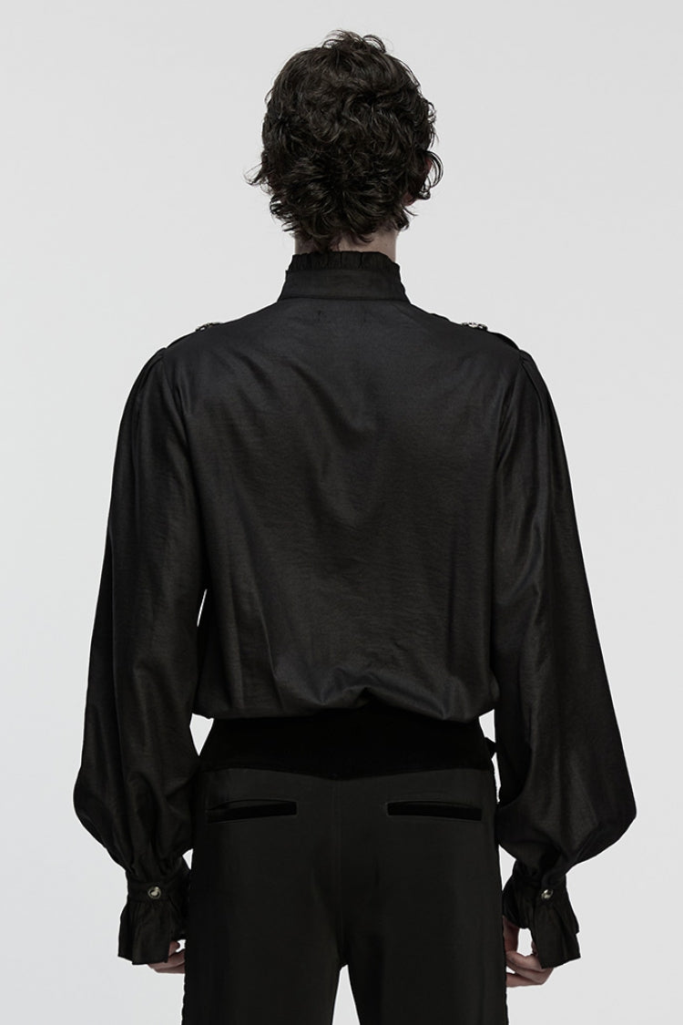 Black Stand Collar Long Puff Sleeves Ruffle Pleated Gothic Blouse