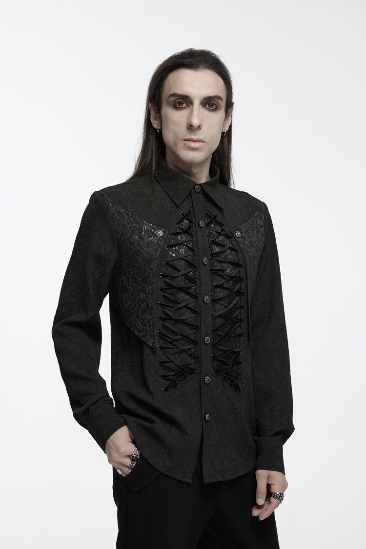 Black Lapel Collar Long Sleeves Jacquard Print Drawstring Lace-up Gothic Blouse