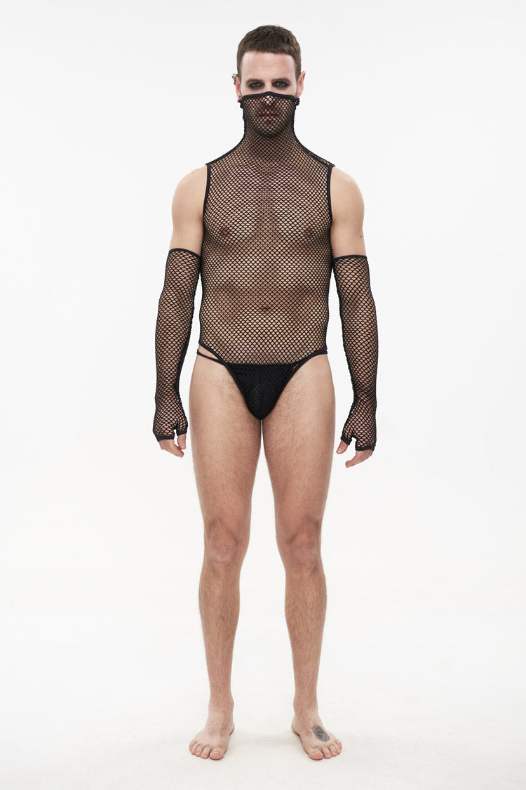 Black Transparent Mesh Super High Collar Masked Glove Thong Punk Onesie
