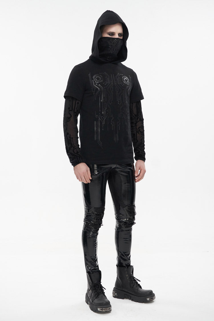 Black Paneled Mesh Long Sleeve Super High Collar Masked Circuit Diagram Printed Hooded Knitted Punk T-shirt
