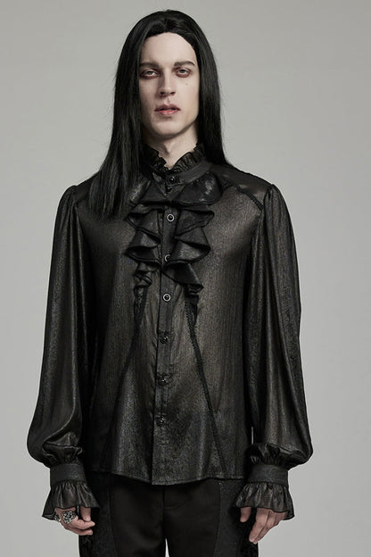 Black Stand Collar Jacquard Ruffle Gothic Blouse