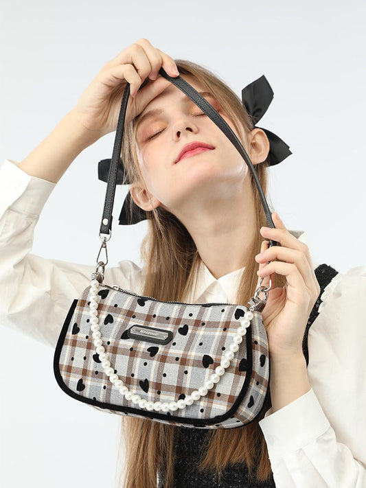 American Retro Sweet Cool Love Plaid Pearl Handle Shoulder Bag