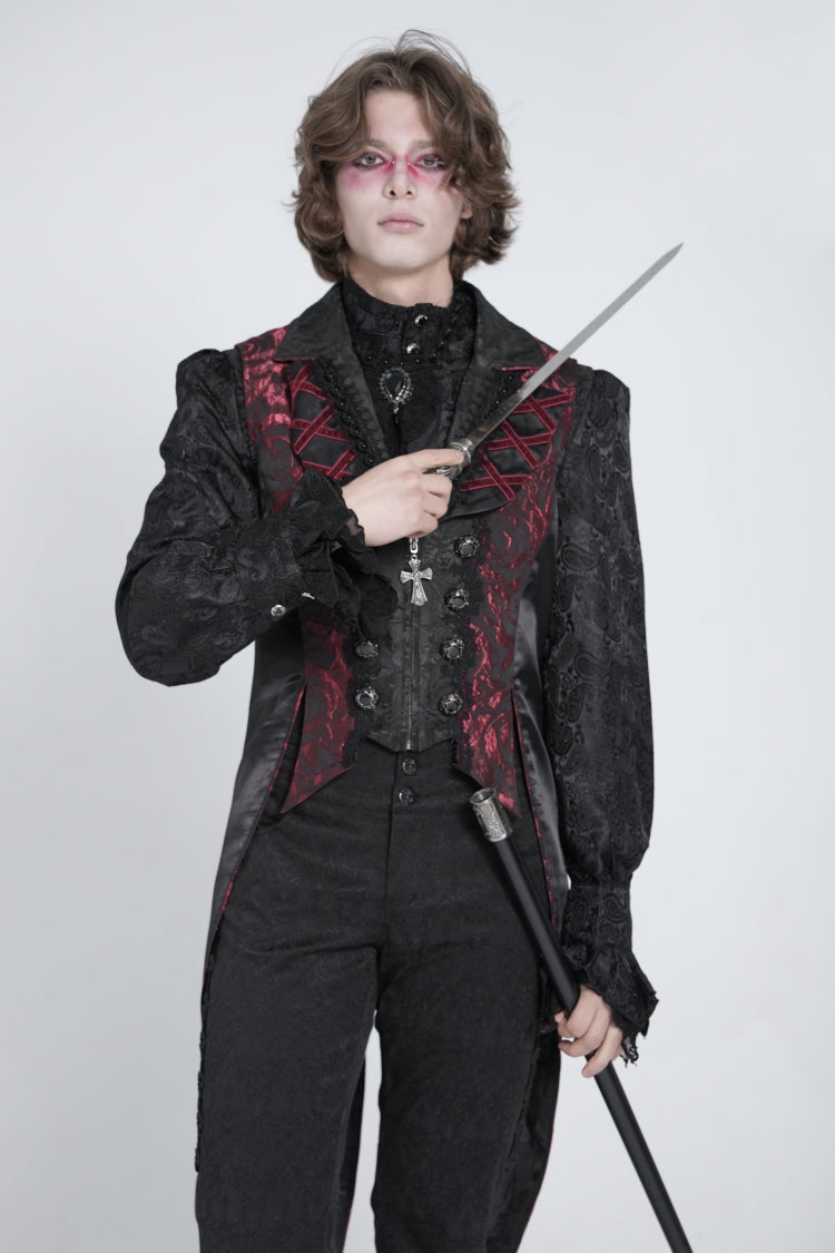 Black/red Sleeveless Lace-up Zipper Gothic Swallow-tailed Vest