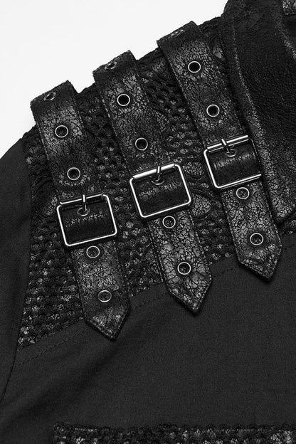 Black Lapel Collar Long Sleeves Stitching Buckle Straps Punk Blouse
