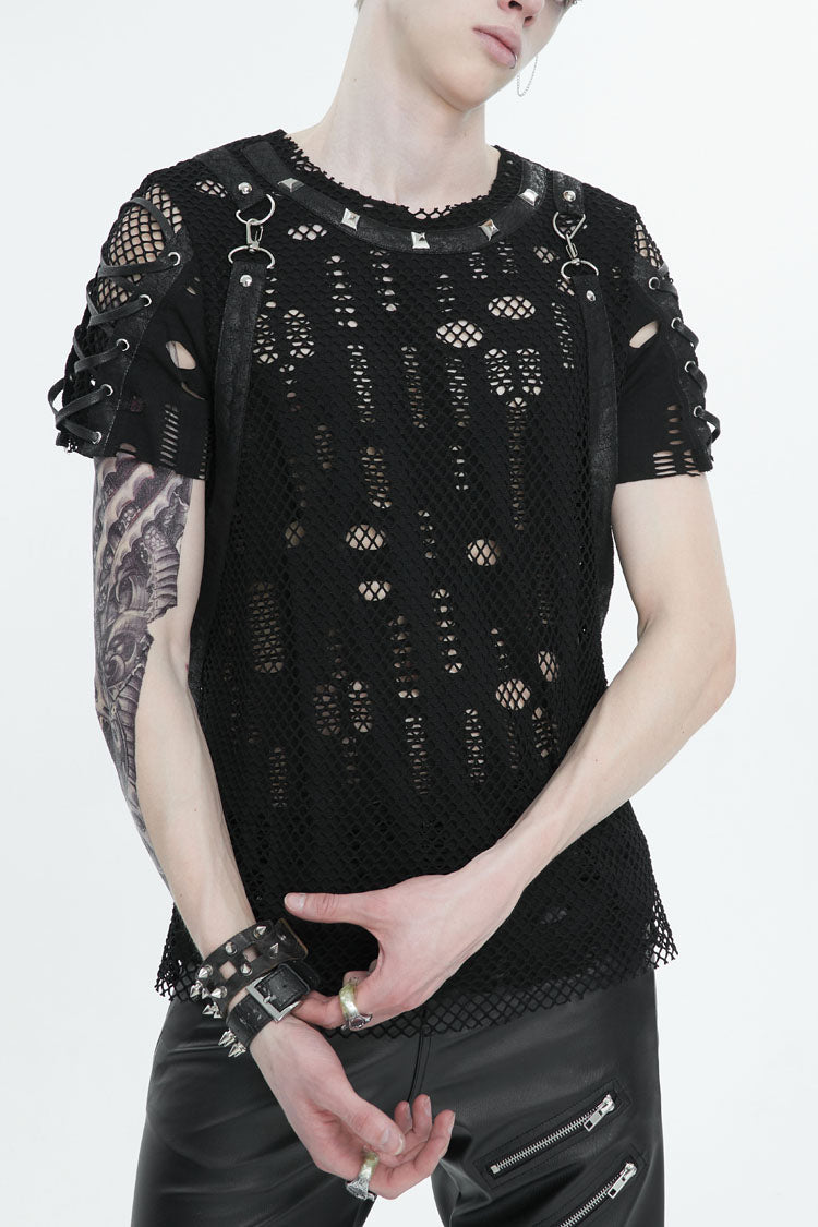 Black Half Hollow Shoulder Tie Design Punk T-shirt