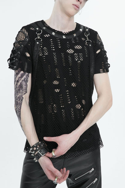 Black Half Hollow Shoulder Tie Design Punk T-shirt