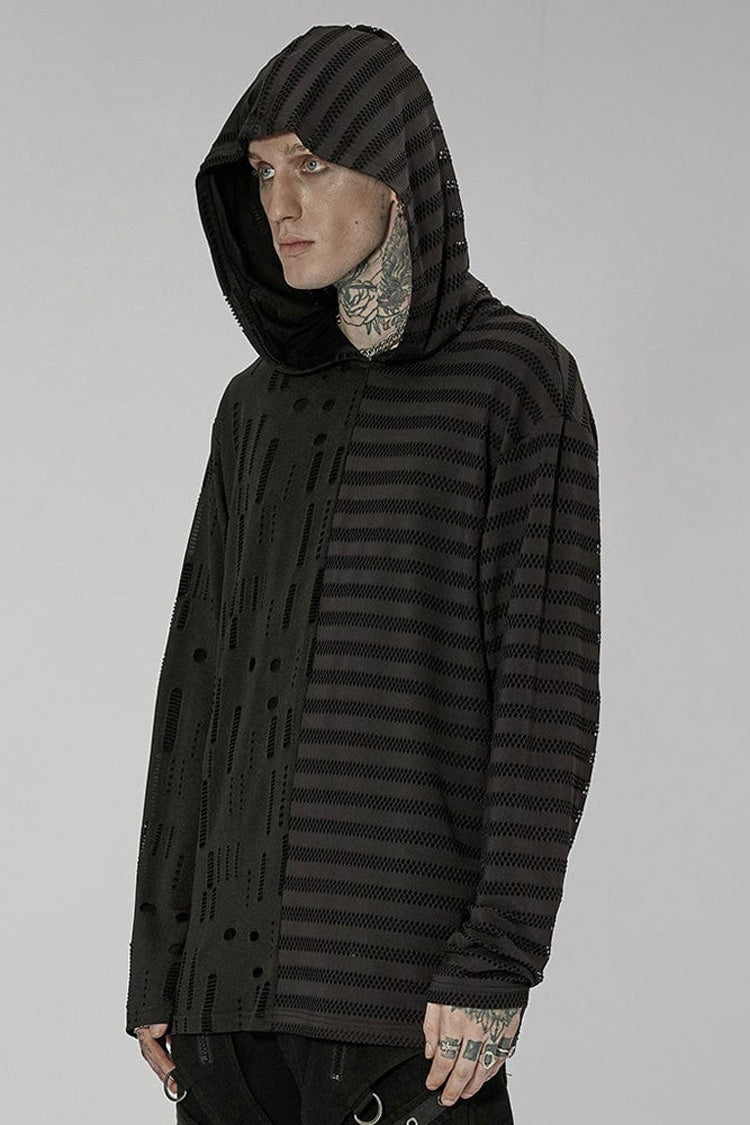 Black Punk Personality Left-right Asymmetrical Knitted Stitching Hooded T-shirt