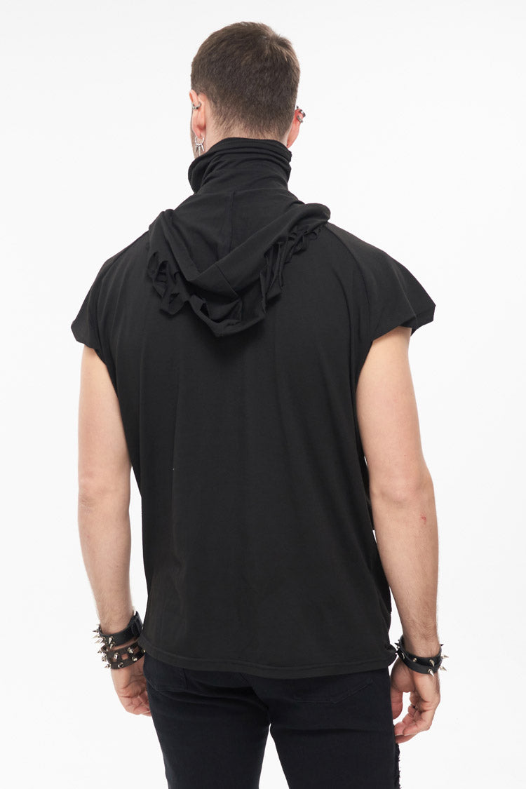 Black Skull Print Super High Neck Masked Rivet Hole Hooded Short Sleeve Punk T-shirt