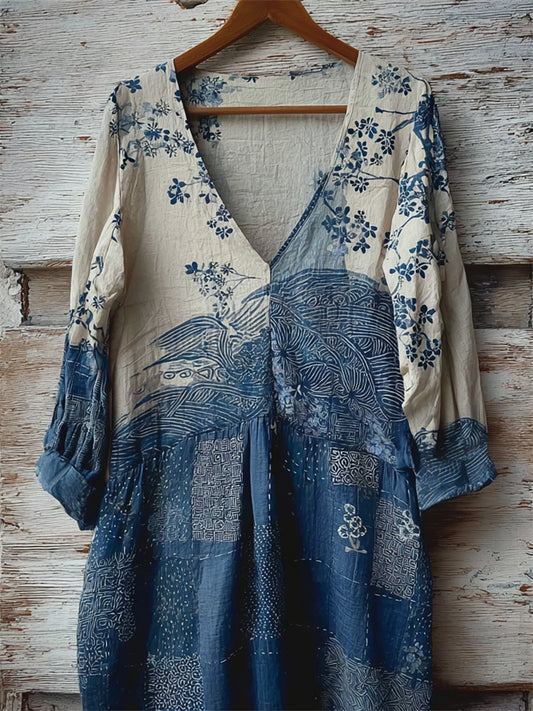 Cherry Blossom Sea Waves Japanese Sashiko Art Linen Maxi Dress elevenforest