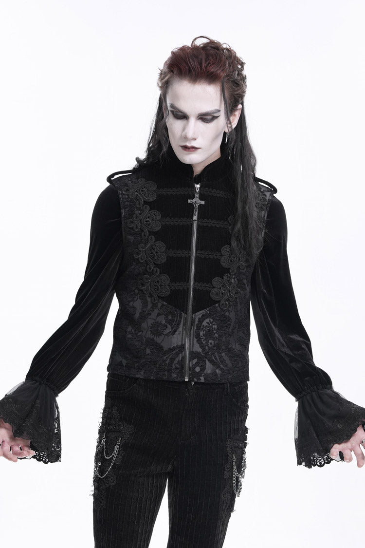 Black Stand Collar Sleeveless Crochet Zipper Gothic Vest