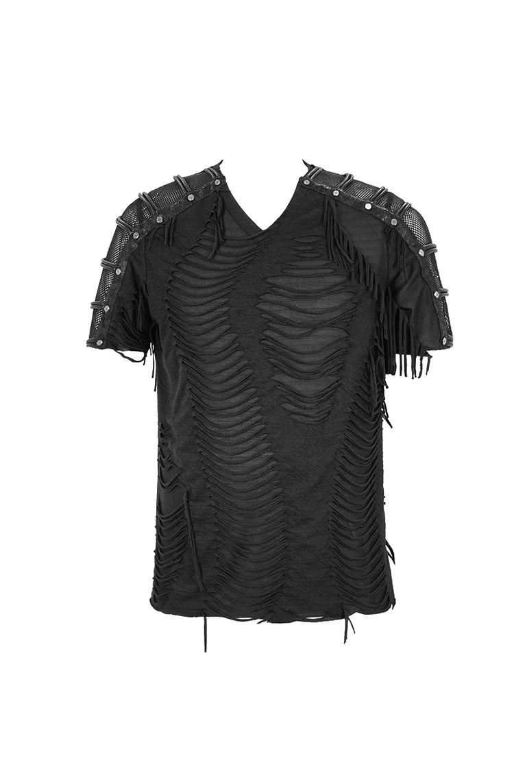 Black Tattered Striped Shoulder Splice Mesh Short Sleeve Punk T-shirt
