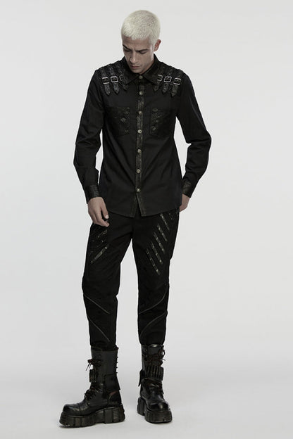 Black Lapel Collar Long Sleeves Stitching Buckle Straps Punk Blouse