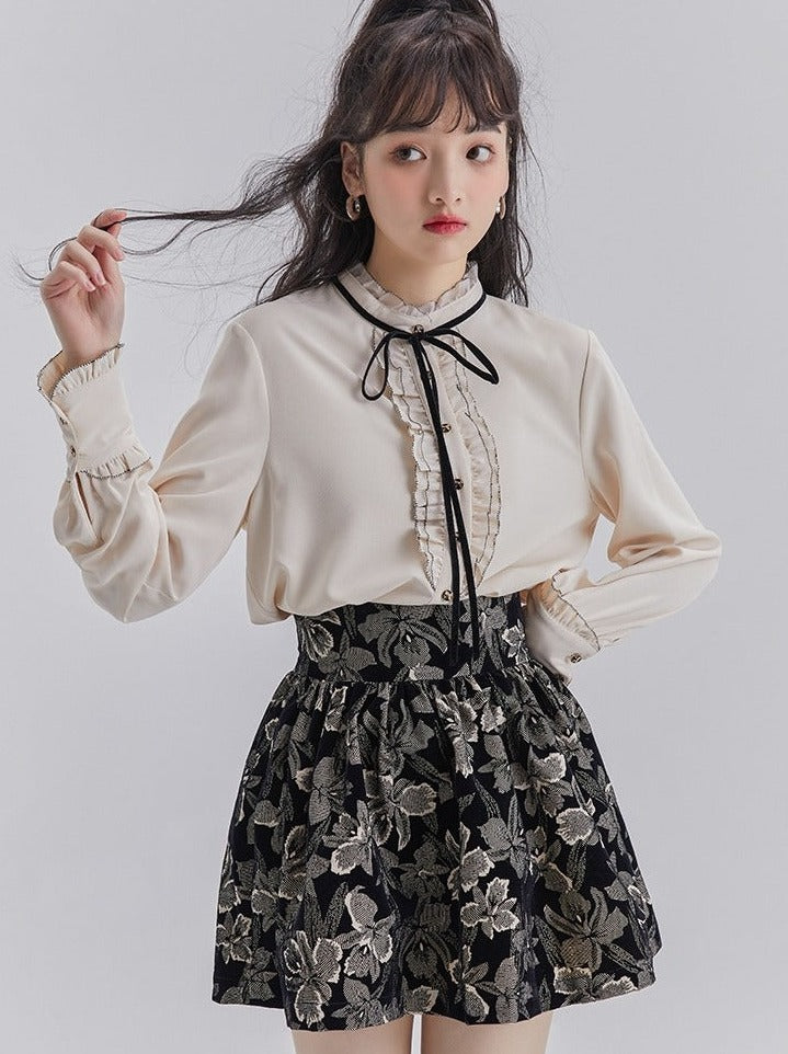 Lace Ruffle Bow Blouse + Jacquard Skirt