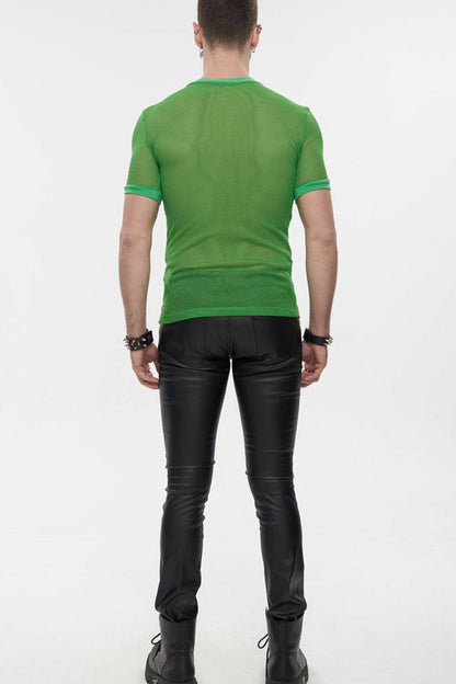 Green Gothic Crew Neck Diamond-shaped Net Hyperelastic Short Sleeve T-shirt