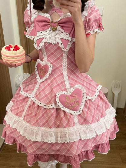 [pre-order Deadline: May 10] Blue/yellow/pink Sweetheart Lolita Ribbon Puff Sleeve Tiered Dress + Bunny Ear Full Set + Cat Ear Full Set