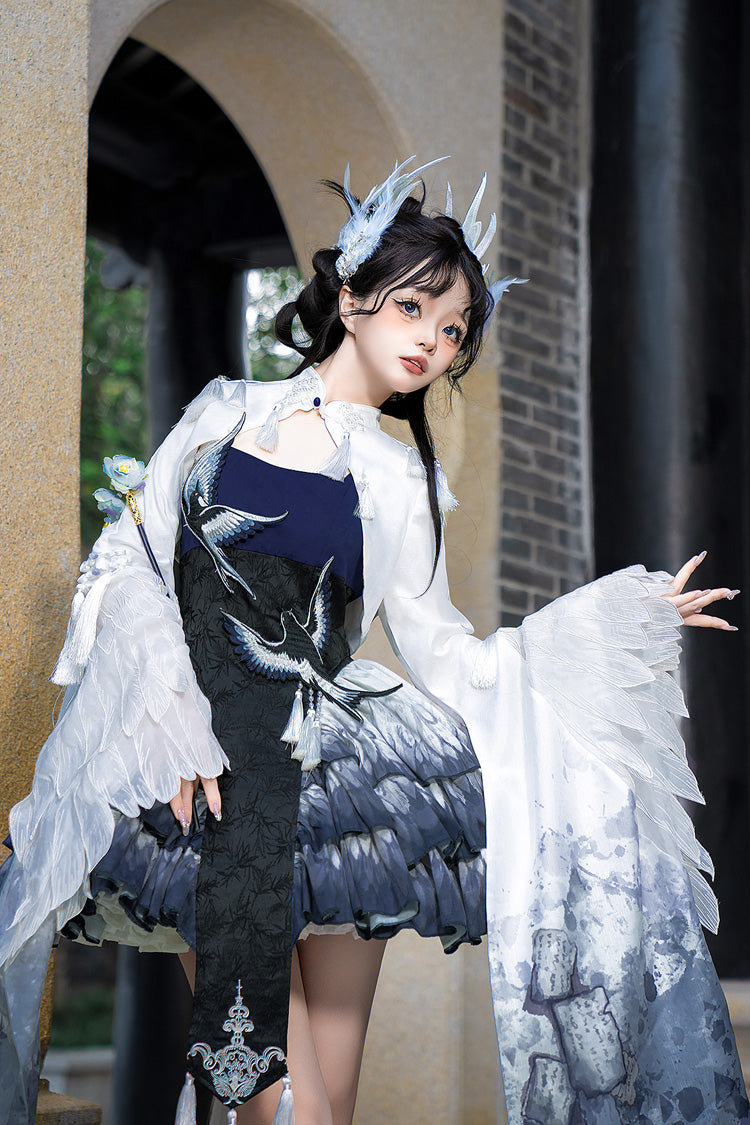 Dark Blue [feathered Finch] Multi-layered Print Ruffle Classic Chinese Style Lolita Jsk Dress Set